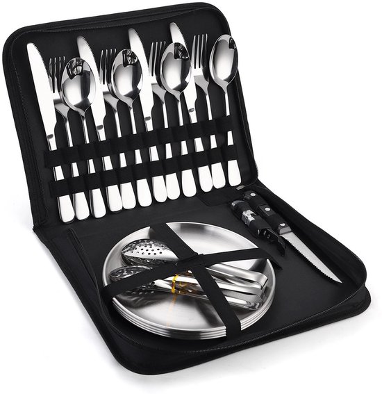 20-delig roestvrij staal camping bestekset voor 4 personen - Met mes, lepel, vork, bord, grilltang en flesopener inclusief opbergkoffer, geschikt voor picknick en kamperen-zilver