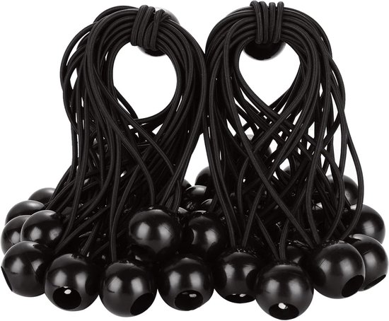 20-Delige Set Zwart Bungee Ballen met Universele Elastische Band - Zeilklemmen - Zeilspanner Met Bal - Spanrubbers - Tentspanners - Tentspanner Spanelastiek 1 - Perfect voor Kampeerzeilen en Afdekzeilen - Zwart van DynaSun