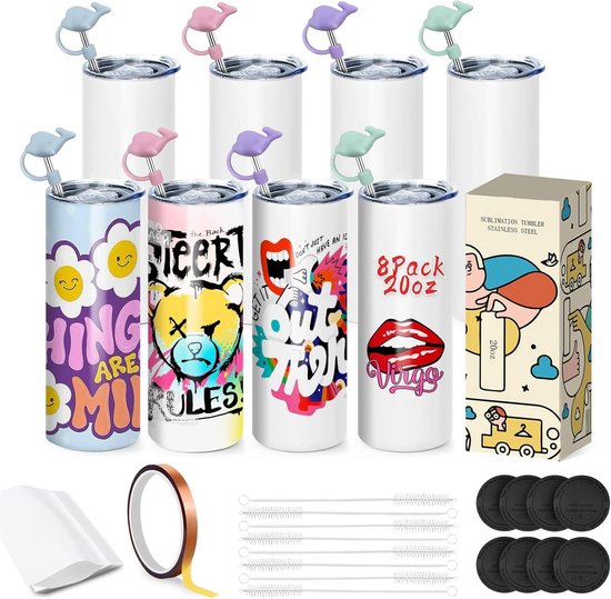 20 Oz Skinny Rechte Sublimatie Tumblers Set van 8 met Persoonlijke Cadeaubox