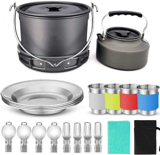 22-delige Camping Kookgerei Mess Kit – Grote Hangpot Pannen Ketel – Voor 4 Personen – Buitenkoken, Camping, Picknick