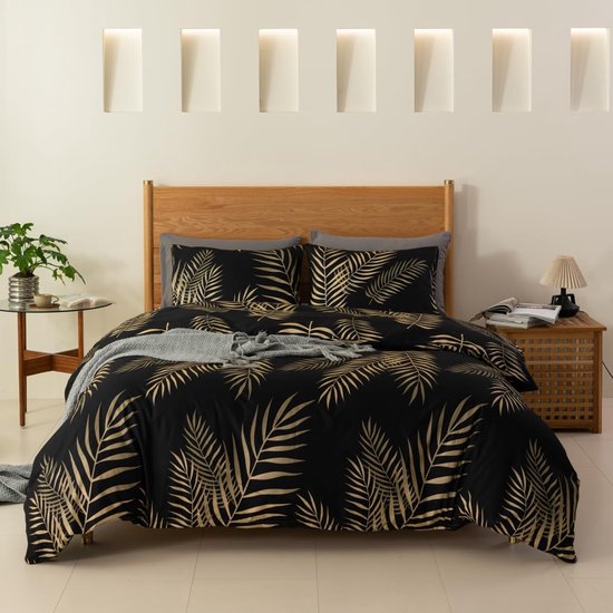 220 x 240 cm, goud zwart bladeren, modern, zacht microvezel, 3-delige set met ritssluiting en 2 kussenslopen van 80 x 80 cm