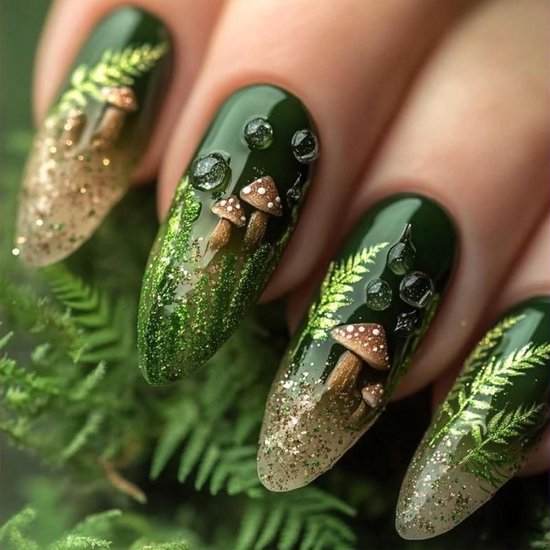 24 Handgemaakte Press-on Nagels | Kerstnagels te plakken met Design Amandelvormige Nagels met Paddestoel Jelly Gel Draagset Voor Vrouwen en Meisjes