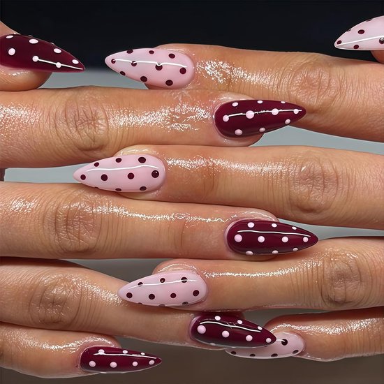 24 Stk Medium Amandel Polka Dot Druk Op Nagels Roze Glans Volledige Künstliche Nagels Om Te Plakken Herbruikbaar Toepassing Manicure Voor Vrouwen