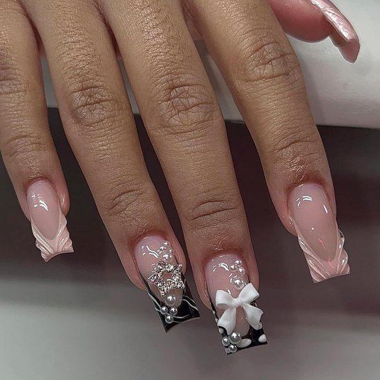 24 stuks 3D handgemaakte kunstnagels om op te plakken, roze French Press on nagels, lange vierkante acrylnagels, volledige cover kunstnagels met strik, parelhart, glanzende kunstnagels voor vrouwen en