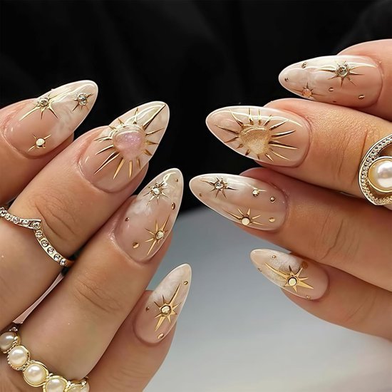 24 stuks amandelvormige opplaknagels, 3D gouden sterren, rhinestones, acryl nagels, korte nep nagels, stiletto, kunstnagels, glanzend nude ombre ontwerpen