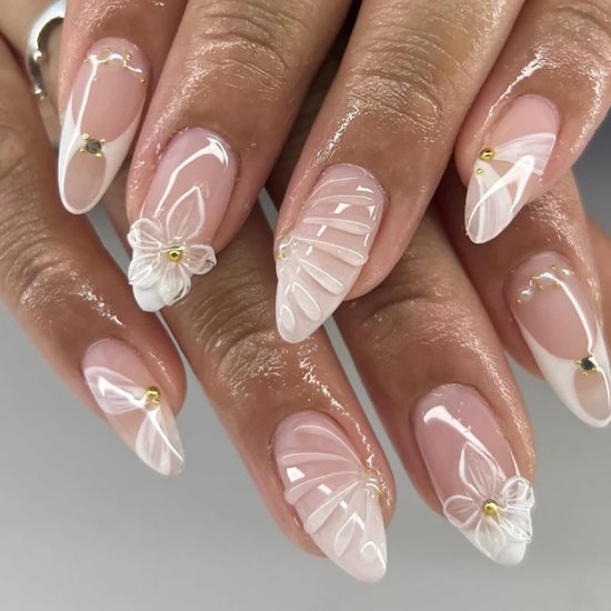 24 stuks amandelvormige press-on nagels medium, Franse tip kunstnagels met 3D bloemontwerp, nude roze acryl volledige dekking nepnagels, kunstmatige herbruikbare plakbare nagels voor vrouwen en