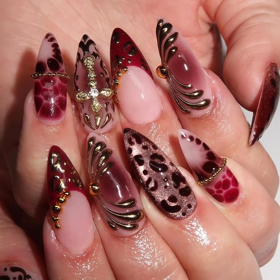 24 Stuks Franse Spitzen Middelgrote Amandel Kunstnagels Kattenoog Acryl Nagels Druk Op Tips Set 3D Glanzende Kruis Hangers Ombre Valse Nagels