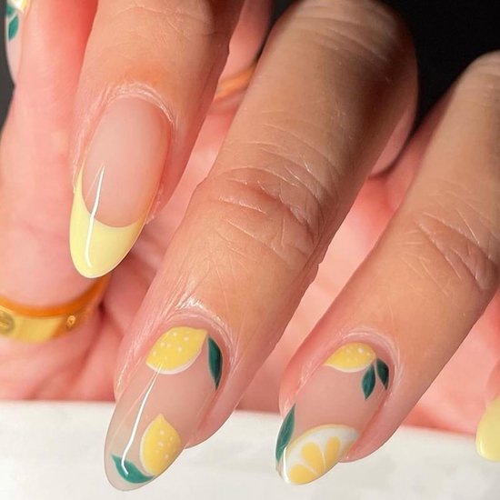 24 stuks kunstnagels, amandelvormig, geel, Franse kunstnagels, om op te plakken, acryl, volledige dekking, kunstnagels met citroenpatroon, amandel press-on nagels voor vrouwen en meisjes