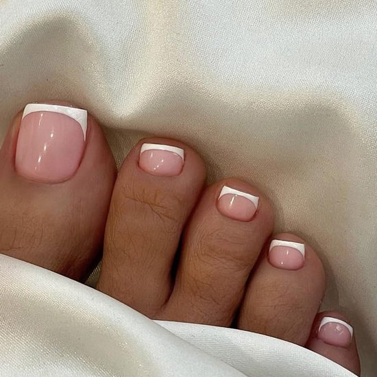 24 stuks kunstnagels, korte voeten, vierkante witte French White Tips Light Pink Base Design, zomer, INS nep feet Toe nagels, volledige cover voet press-on nagels, kunstmatige teennagels
