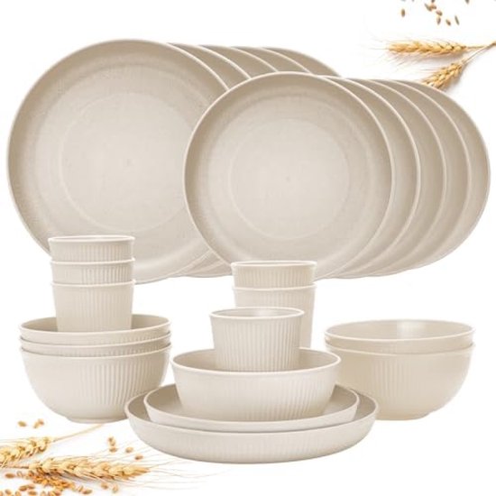 24 stuks onbreekbare serviesset, herbruikbaar, campingserviesset voor 6 personen, plastic servies, picknick, lichte kunststof serveerborden, kommen, bestekset Beige van Homikit