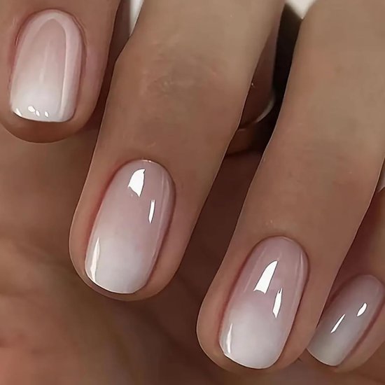 24 stuks plaknagels kort hoekig, roze wit kleurverloop French press on nails, herbruikbare natuurlijke valse nagels, ballerina acryl full cover kunstnagels zelfklevend voor vrouwen