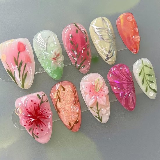 24 stuks press-on nagels, amandelvormig, 3D-bloemen, vingernagels om op te plakken, handgemaakte kunstnagels, acryl, volledige dekking, kunstnagels met nagellijm, Franse kunstnagels voor vrouwen