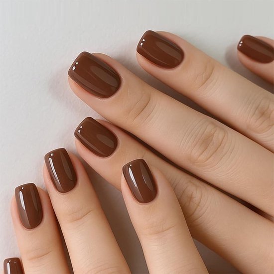 24 stuks Press On Nails Kort Vierkant Bruin - Complete Manicureset met Nagellijm, Vijl en Houten Staafje voor Thuismanicure