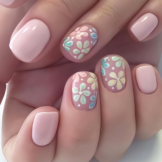 24 stuks Press On Nails, Naild Press On set, korte kunstnagels, vierkante kunstnagels voor vrouwen, meisjes, tieners voor feest, lente, reizen (lichtroze)