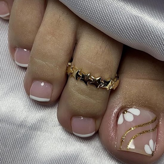 24 stuks teennagels om op te plakken, vierkant, kort, wit, bloemen, Franse kunstteennagels om op te plakken, nude roze, zomer, valse teennagels, volledige dekking, acryl, natuurlijke teennagels voor