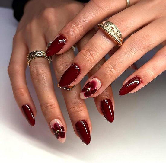 24 stuks wijnrode kunstnagels, amandel, kort, French tip, press-on nagels met bloemen, glanzende acryl kunstnagels, ballerina, herbruikbare vingernagels om op te plakken, voor vrouwen en