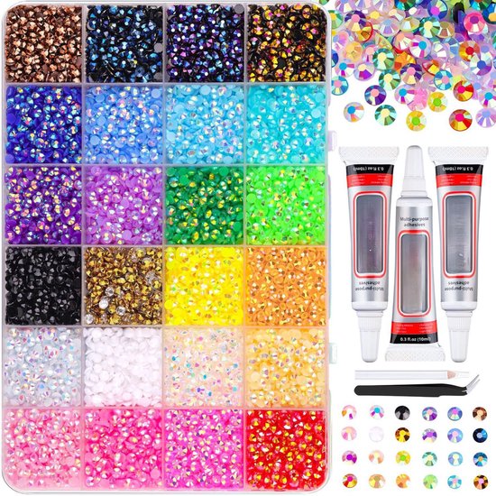 24.000 harsgel-strasssteentjes voor sprankelende versieringen, veelkleurige edelstenen van 3 mm met platte achterkant, geschikt voor diamond painting, sprankelende versieringenset, inclusief 3 flesjes lijm.