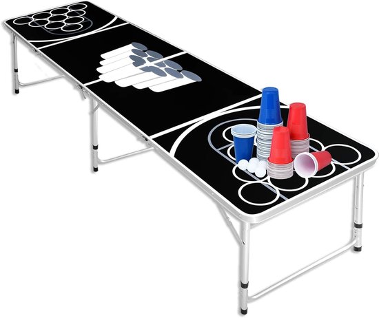 240x60x70cm Beerpong Tafels van Aluminium in Hoogte Verstelbaar, Campingtafel met 50 Rode Bekers + 50 Blauwe Bekers + 5 Witte Ballen, Inklapbare Bierpong Feesttafel voor Drinkspellen/Kaartspel, NAIZY van Merkloos