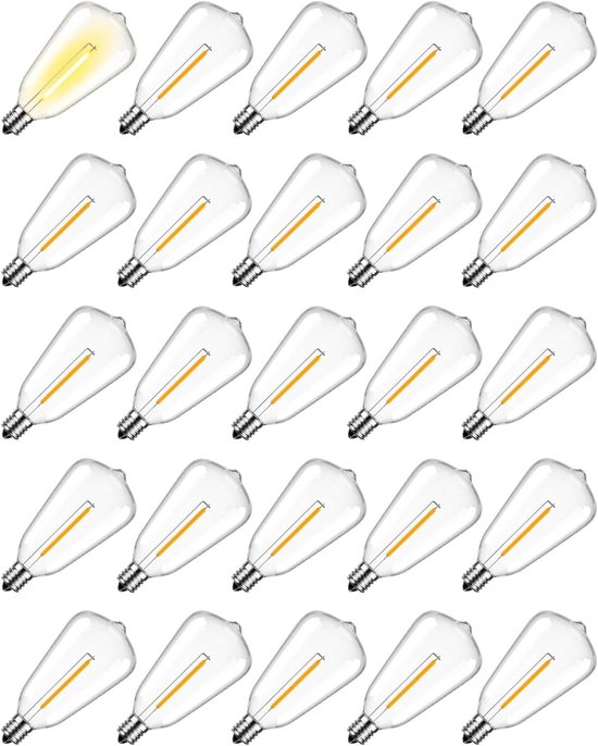 25 E12 ST38 vervangende LED-lampjes op zonne-energie, 2700K warm wit, 1W, DC 12V, onbreekbare en waterdichte lichtslinger op zonne-energie voor feestverlichting, terrassen, tuinen en bruiloften.