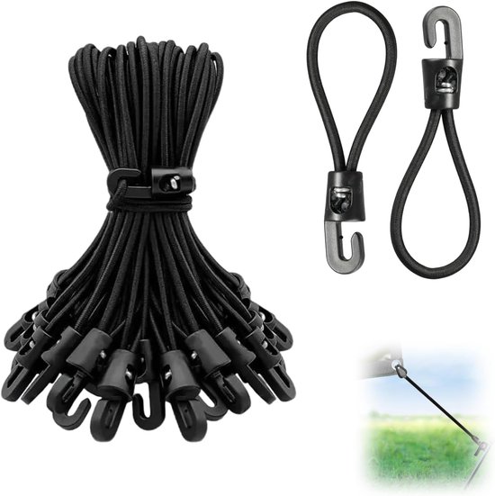 25 Stuks Elastische Spanners met Haken - 10 cm - Sterke Spancanvas Elastieken voor Tent en Dekzeil - Multifunctionele Bevestigingshaken - Zwart