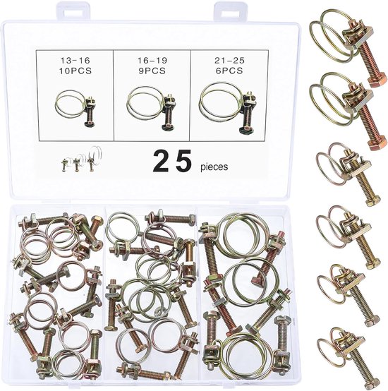 25Pcs Dubbele Draad Slangklemmen - Verstelbare Tube Klemmen - Koolstofstaal Slangklemmen voor Waterpijp Tank Auto Buizen - 13-16mm 16-10mm 21-25mm van Easyboost