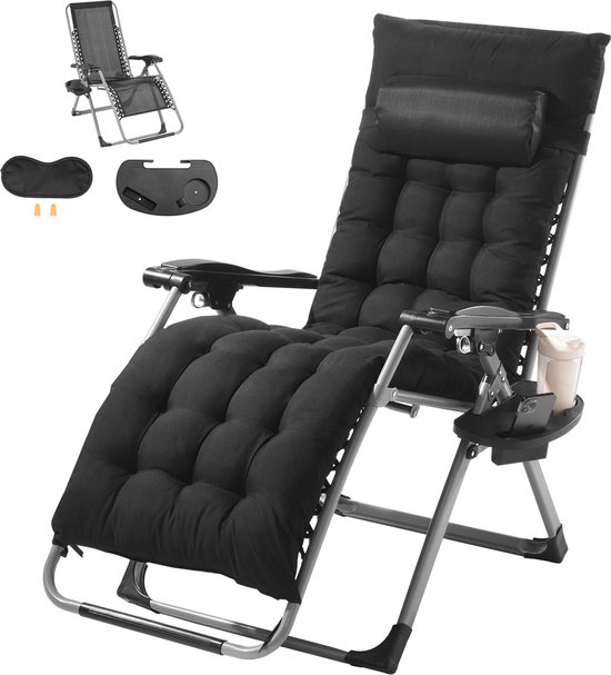 26 Inch Zero Gravity Stoel, Zwart. Ideaal voor Binnen En Buiten. Verstelbaar met Kussen, Hoofdsteun, Voetsteun, Bekerhouder. Draagvermogen 500 Lbs.