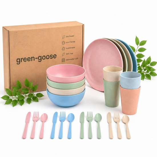 28-delige bio-plastic serviesset, 4 sets onbreekbare lichtgewicht borden, kommen, bekers en besteksets