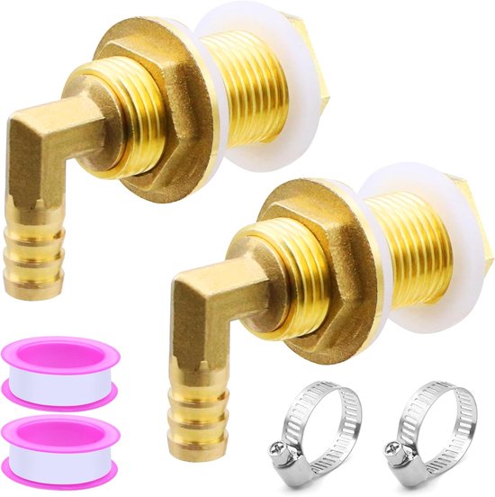 2pcs Tank Screw Verbinding Messing Tank Voeding Doorvoer 1/2 Inch Messing Regenwatertank Verbinding Set met Slang Tube - Slangklemmen - Teflon Tape van Merkloos