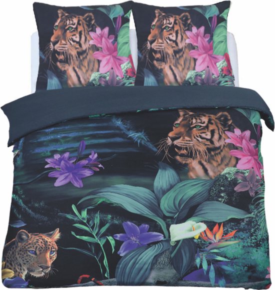 2Persoons-Lits-jumeaux - Jungle Tiger Dekbedovertrek set-Ultra soft microPercal dekbedhoes 240x220 cm + 2 kussenslopen 60x70 cm Multi van Merkloos