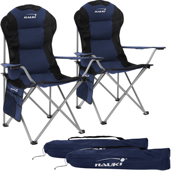 2x campingstoel opvouwbaar tot 150 kg blauw met bekerhouder incl. draagtas Hauki