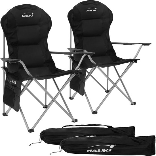 2x campingstoel opvouwbaar tot 150 kg zwart met bekerhouder incl. draagtas Hauki