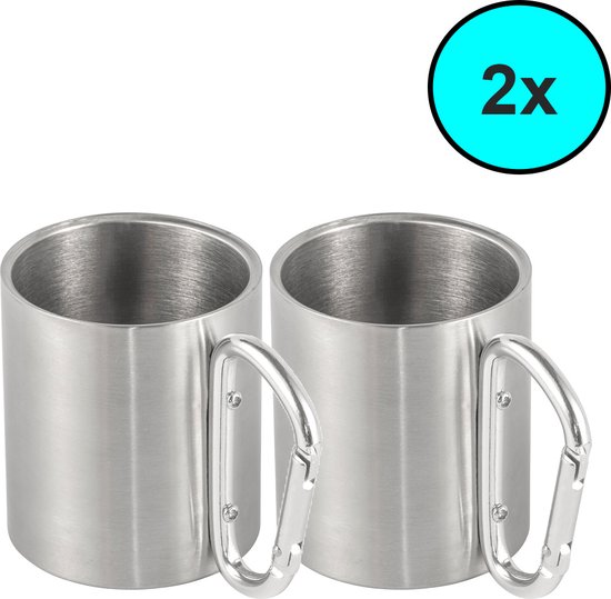 2x - Dubbelwandige Mok - RVS- Lichtgewicht Beker - Karabijnhaak Zilver - 150 ML - Camping Beker - Outdoor Beker van Luxe Inno Concepts