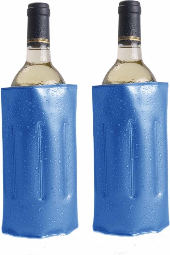 2x Koelelementen hoezen blauw voor wijnflessen 34 x 18 cm - Wijnflessen/drankflessen koelelement - Flessenkoeler - Wijnkoeler van Relaxdays