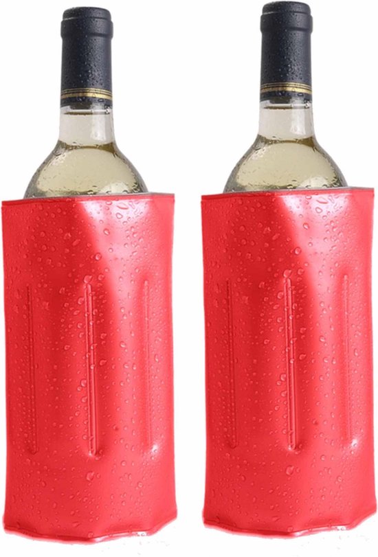 2x Koelelementen hoezen rood voor wijnflessen 34 x 18 cm - Wijnflessen/drankflessen koelelement - Flessenkoeler - Wijnkoeler van Icecell.