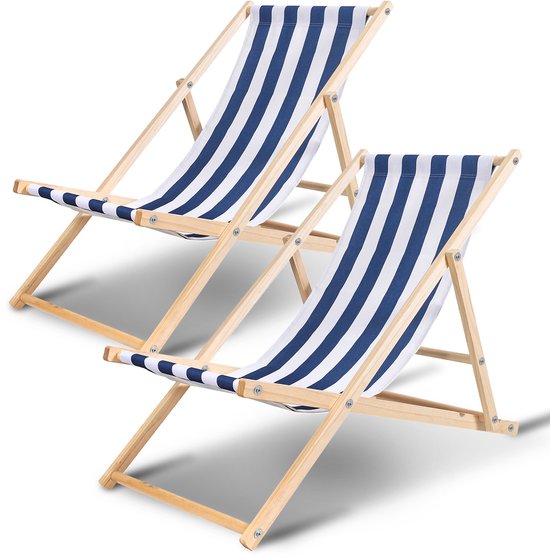 2X Ligstoel Stoel Houten strandstoel Relax Opvouwbaar Balkonligstoel Strandligstoel Blauw van Merkloos