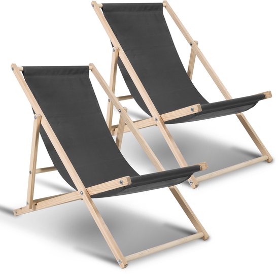 2X Ligstoel Stoel Houten strandstoel Relax Opvouwbaar Balkonligstoel Strandligstoel Grijs