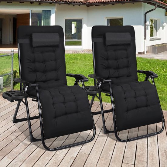 2x Opvouwbare Ligstoel Cloud Bekerhouder ,Traploos Verstelbaar,Voor Balkon, Camping of Tuin ,Relaxstoel met extra dik Kussen,Strandstoel ,Zwart van Merkloos