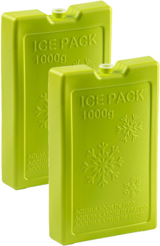 2x stuks 1000 grams koelelementen 22 x 14.5 x 3.5 cm groen plastic van Coolblue