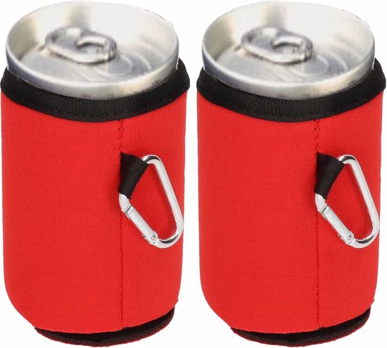 2x Stuks blikjes koeler / koelhoud hoesjes / bierblik hoesjes met karabijnhaak - rood - Frisdrank/bier blikjes koel houden van Merkloos
