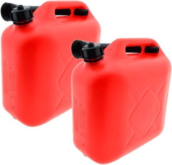 2x stuks jerrycans rood voor brandstof - 10 liter - inclusief schenktuit - benzine / diesel van Merkloos