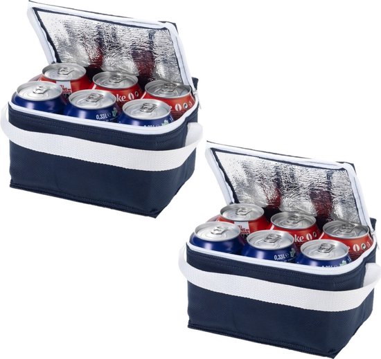 2x stuks kleine koeltas navy/wit 20 cm voor 6/sixpack blikjes - 3,5 liter - Koelboxen/koeltassen - Lunchtrommel van Merkloos