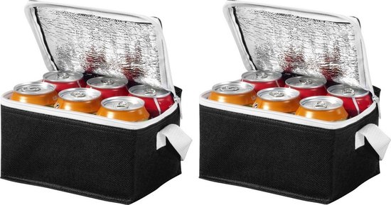 2x stuks kleine koeltassen zwart/wit 20 cm voor 6/sixpack blikjes - 3,5 liter - Koelboxen/koeltassen - Lunchtrommel van Benson