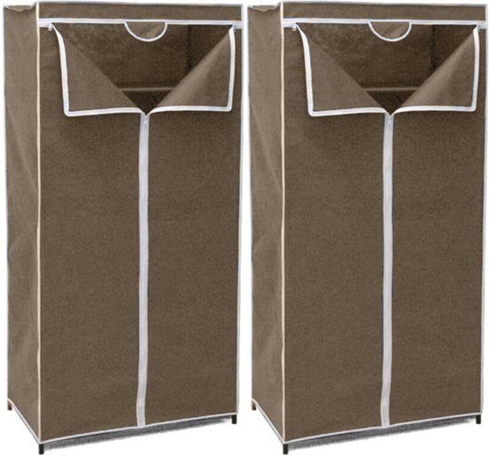 2x Stuks mobiele opvouwbare kledingkasten met bruine hoes 75 x 46 x 160 cm - Kleding opbergers/opbergen