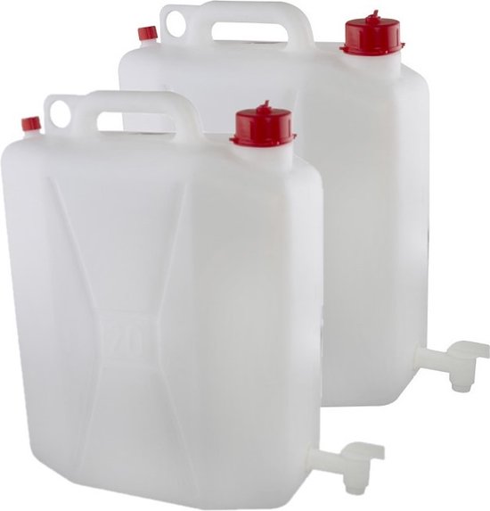 2x stuks voedselgeschikte jerrycan/watertank met tap 25 liter - Survival en outdoor artikelen - Kampeerartikelen van Konsalen