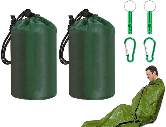 2x Survival Slaapzakken Noodpakket - Met Karabijnhaak & Noodfluitje - Waterbestendig en Compact - Voor Kamperen, Wandelen en Buitensport (Groen)" van Merkloos