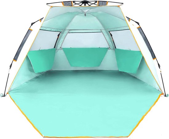 3-4 Personen Makkelijk op te Zetten Strandtent UPF 50+ met Verlengde Veranda en Ritssluiting - Mint groen. van Merkloos