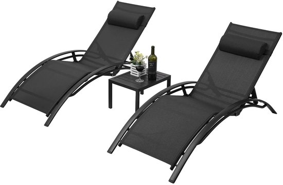 3-delige Aluminium Lounge Set voor Buiten – 2 Verstelbare Ligstoelen met 5 Posities + Bijzettafel – Stoelen - Chaise Loungeset voor Zwembad, Tuin, Strand & Camping - Zwart