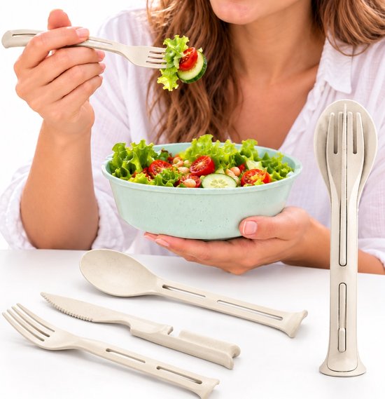 3-delige Bestekset Beige – Mes Vork en Lepel – Tarwestro & Kunststof – Herbruikbaar Kinderbestek – Camping Picknick Lunchbox Reisbestek