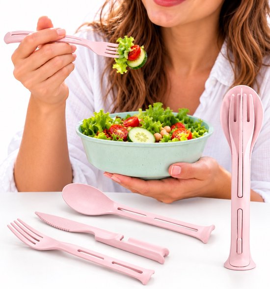 3-delige Bestekset Roze – Mes Vork en Lepel – Tarwestro & Kunststof – Herbruikbaar Kinderbestek – Camping Picknick Lunchbox Reisbestek