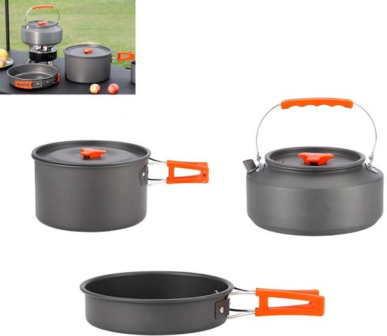 3-delige Campingkooksets - Kampeerset - Kookset - Buitenkookgerei - Kampeerpannen - Opvouwbaar - Compact opbergen - Aluminium - Met kookpan, braadpan en waterketel - Geschikt voor kamperen, wandelen en buitenactiviteiten voor personen - Zwart‑Oranje